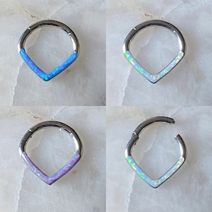 Opal Inlay V Shaped Effect Segment Hinged Septum Clicker Daith Rook Ring 1.2mm 8mm - 3 Opal Colours