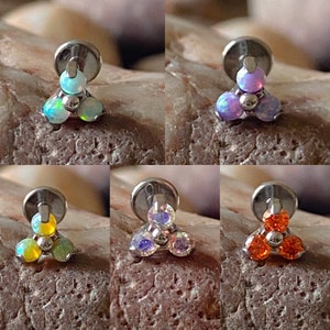 ASTM F136 Titanium Opal or Gem Trinity Claw Labret Helix Conch Cartilage Tragus  1.2mm 6/8mm