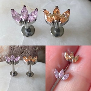 ASTM F136 Titanium Cubic Zirconia Gem Marquise Triple Fan  Internally Threaded Labret Tragus Monroe Cartilage Stud - 2 Colours