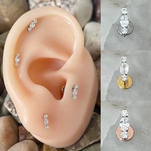 ASTM F136 Titanium Tiny Oval & Round Double Gem Internally Threaded Labret Tragus Monroe Cartilage Stud 1.2mm 6/8mm