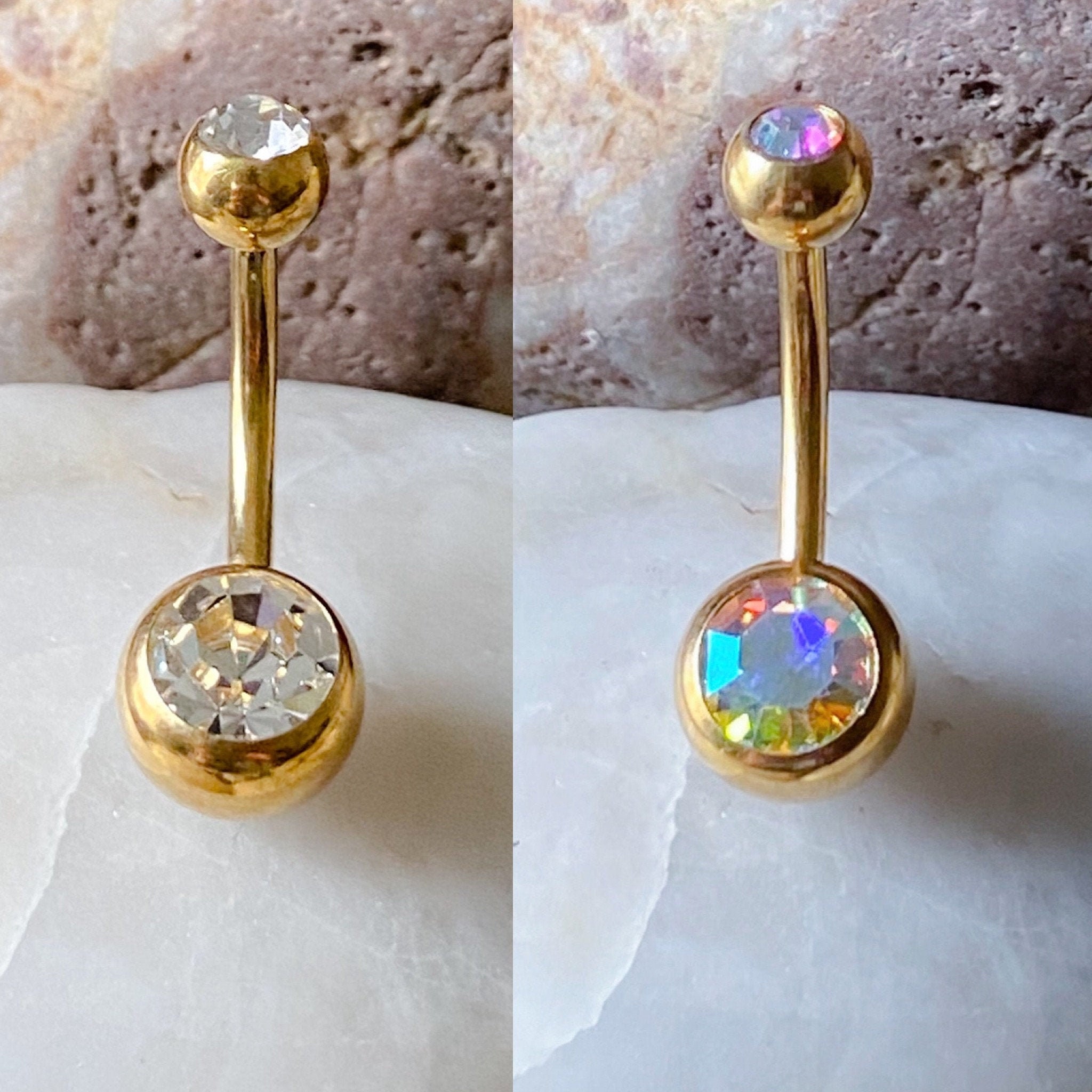 Gold Basic Double Cubic Zirconia Gem Navel Belly Bar 1.6mm 10mm - Cle…