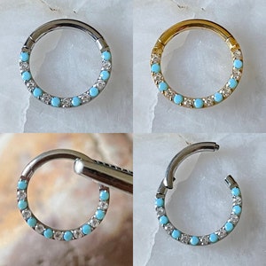 Turquoise Blue Stone & Gem Paved Front Facing Hinged Septum Clicker Daith Rook Ring 1.2mm 8mm