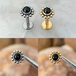 ASTM F136 Titanium Black Onyx Stone Beaded Flower Effect Labret Conch Helix 1.2mm 6/8mm