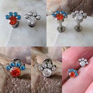 ASTM F136 Titanium Cubic Zirconia Gem Animal Paw Print Cluster Labret Helix Conch Lip Monroe Tragus 1.2mm 6/8mm