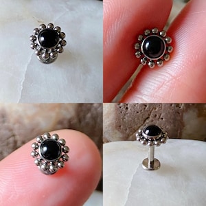 ASTM F136 Titanium Black Onyx Stone Beaded Labret Conch Helix 1.2mm 6/8mm