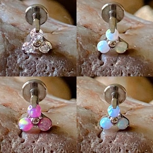 ASTM F136 Titanium Opal or Gem Trinity Claw Labret Helix Conch Cartilage Tragus  1.2mm 6/8mm