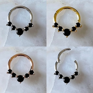 5 x Black Gem Hinged Septum Clicker Daith Rook Ear Ring 1.2mm 8mm - 3 Colours
