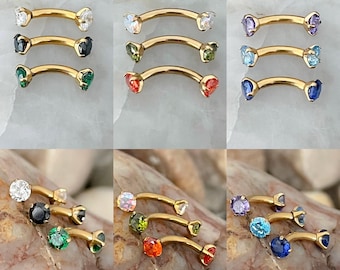 ASTM F136 Titanium Gold Internally Threaded Double Gem Micro Curved Barbell Daith Rook Eyebrow 1.2mm 6mm/8mm - Choice of 9 Colours