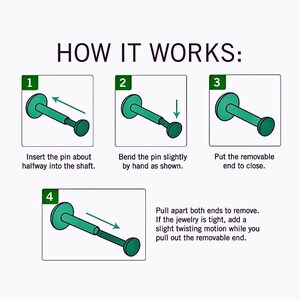 May include: A four-step illustrated guide on how to use a jewelry tool to insert and remove jewelry. The tool is green and has a removable end. The steps are numbered 1 through 4.