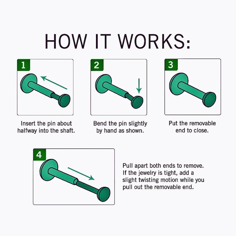 May include: A four-step illustrated guide on how to use a jewelry tool to insert and remove jewelry. The tool is green and has a removable end. The steps are numbered 1 through 4.