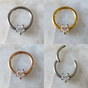 4mm Star Gem Prong Set Hinged Septum Clicker Daith Rook Ear Ring 1.2mm 8mm - Choice of 3 Colours