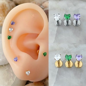 ASTM F136 Titanium 3mm Heart Cubic Zirconia Gem Labret Helix Conch Cartilage Tragus 1.2mm 6/8mm