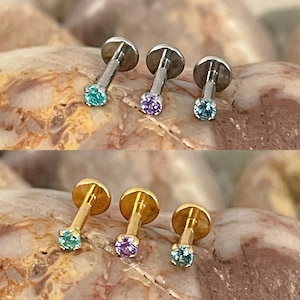 ASTM F136 Titanium Tiny 2mm Light Green/Violet Purple/Blue Mint Round Gem Prong Set Labret Cartilage Helix Tragus 1.2mm 6/8mm