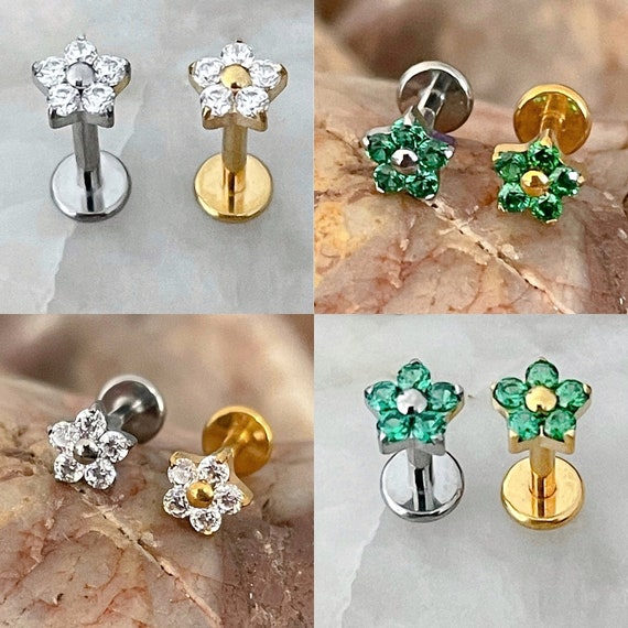 ASTM F136 Titanium Tiny Flower Cubic Zirconia Gem Cluster Labret Helix Conch Cartilage Tragus 1.2mm 6/8mm