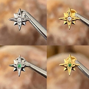 ASTM F136 Titanium 8 Pointed Starburst Shooting Star With Gem Centre Labret Helix Conch Cartilage Tragus 1.2mm 6/8mm