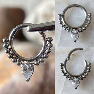 Teardrop Gem Beaded Hinged Septum Clicker Daith Rook Ear Ring 1.2mm 8mm