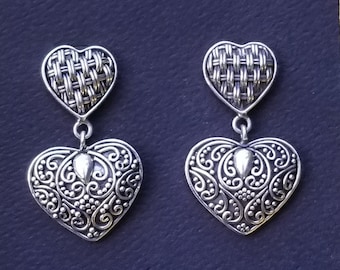 Suarti Double Hearts Artisan Crafted Sterling Silver Earrings. Balinese Heart Sterling Silver Earrings. Bali Sterling Earrings.