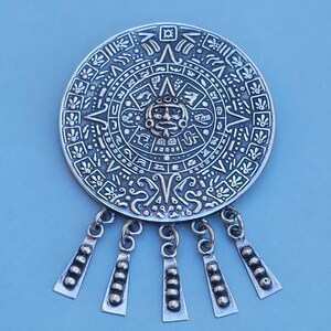 Large Aztec Calendar 925 Sterling Silver Medallion with Dangles Pendant Pin Brooch. Mexico 925 Sterling Silver Pendant Pin Brooch.