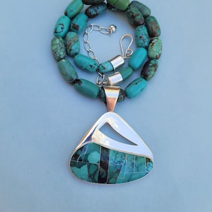 Jay King Hubei Turquoise Large Inlay Pendant and Large Turquoise Bead 925 Sterling Silver Necklace. Very Large Turquoise Necklace