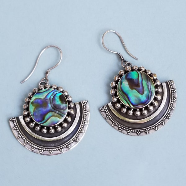 Abalone Ornate Sterling Silver Balinese Artisan Crafted Earrings. Abalone Shell Bali Handcrafted Sterling Silver Earrings. Artisan Earrings