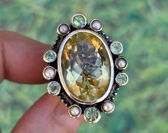 Very Large Citrine, Peridot, Pearl 925 Sterling Silver Ring