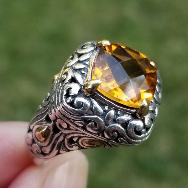 Samuel Benham Citrine 18K Gold and Sterling Silver Ring Size 7.  Ornate Designer 18K Gold Sterling Silver Gemstone Ring Size 7. BJC Ring.