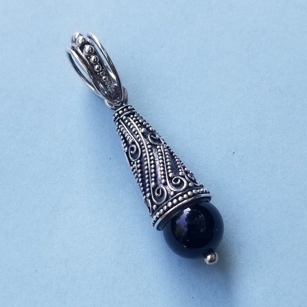 Suarti Black Onyx Sterling Silver Drop Pendant. Balinese Black Onyx Sterling Silver Pendant with Large Bail. Large Bail Pendant.