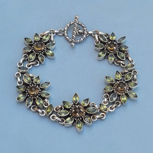 Peridot, Citrine Flower Gemstone 925 Sterling Silver Bracelet 8" Long. Doug Paulus DP Multi Gemstone Flower Sterling Bracelet 8 Inches.