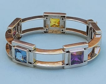 61.32 Grams Very Heavy Square Geometric Modernist Link Colored CZ 925 Sterling Silver Bracelet. Bold Multi Stone Mod 925 Sterling Bracelet