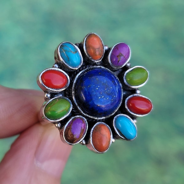 Multi Stone Colorful Flower Floral 925 Sterling Silver Ring Size Size 8. Artisan Crafted Flower Floral 925 Sterling Silver Ring Size 8.