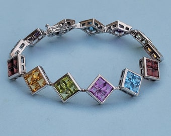 Multi Gemstone Princess Cut 925 Sterling Silver Bracelet 7.25 Inches. Rainbow Gemstone 925 Sterling Silver Bracelet 7 1/4 Inches.