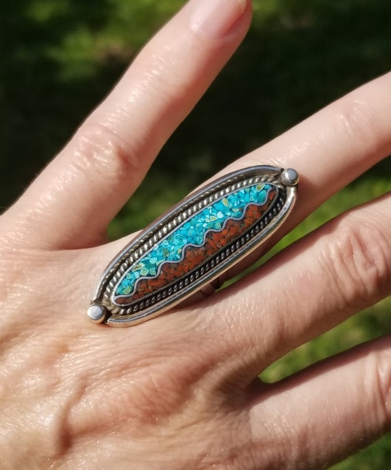 Huge Intricate Native American Turquoise Sterling Silver Inlay Ring Huge Intricate Native American Turquoise Sterling Silver Inlay Ring