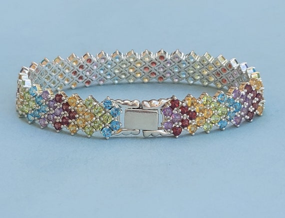 Multi Gemstone Chevron Pattern 925 Sterling Silve… - image 2