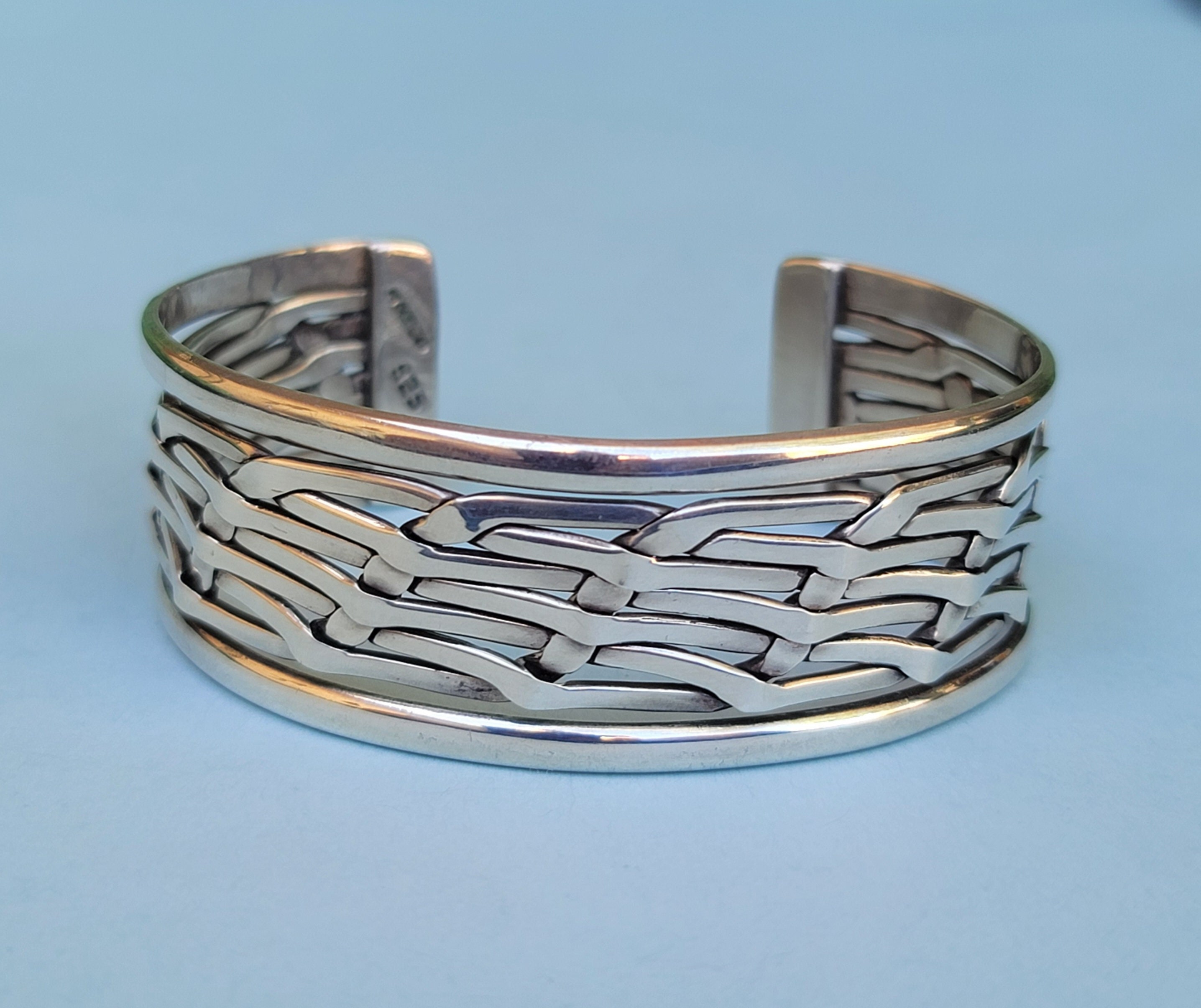 Mexico Heavy Thick Woven Wire Bold 925 Sterling Silver Cuff Bracelet.  Mexico Artisan Woven Braided Heavy Sterling Silver 925 Cuff Bracelet