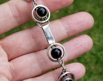 Black Onyx Orbital Link Sterling Silver Bracelet 7 1/4 Inches