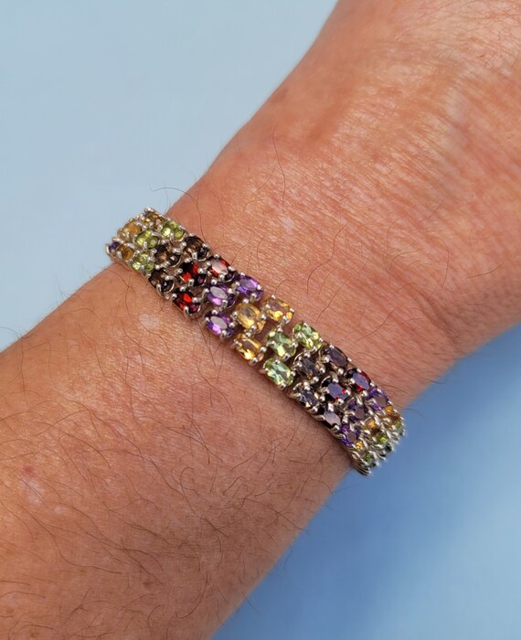 Multi Gemstone Triple Row Rainbow 925 Sterling Si… - image 7
