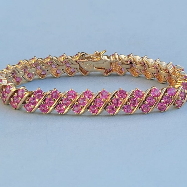 Ross Simons Lab Pink Sapphire 925 Sterling Silver 18K Gold Vermeil Bracelet 6 1/2 Inches. Gem Sterling Silver Gold Clad Bracelet Small Wrist