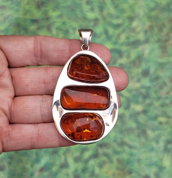 Large Baltic Cognac Amber 925 Sterling Silver Pend