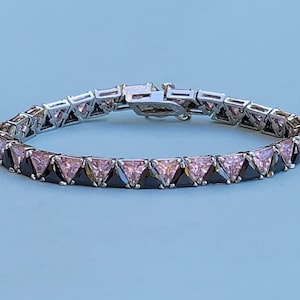 Suzanne Somers Pink and Black Trilliant CZ 925 Sterling Silver Bracelet 7 1/4&quot; Long. Pink Black Trillion CZ 925 Sterling Silver Bracelet