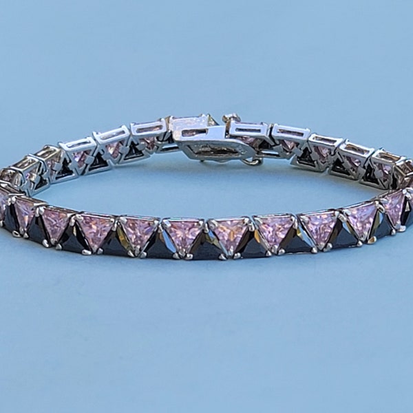 Suzanne Somers Pink and Black Trilliant CZ 925 Sterling Silver Bracelet 7 1/4" Long. Pink Black Trillion CZ 925 Sterling Silver Bracelet