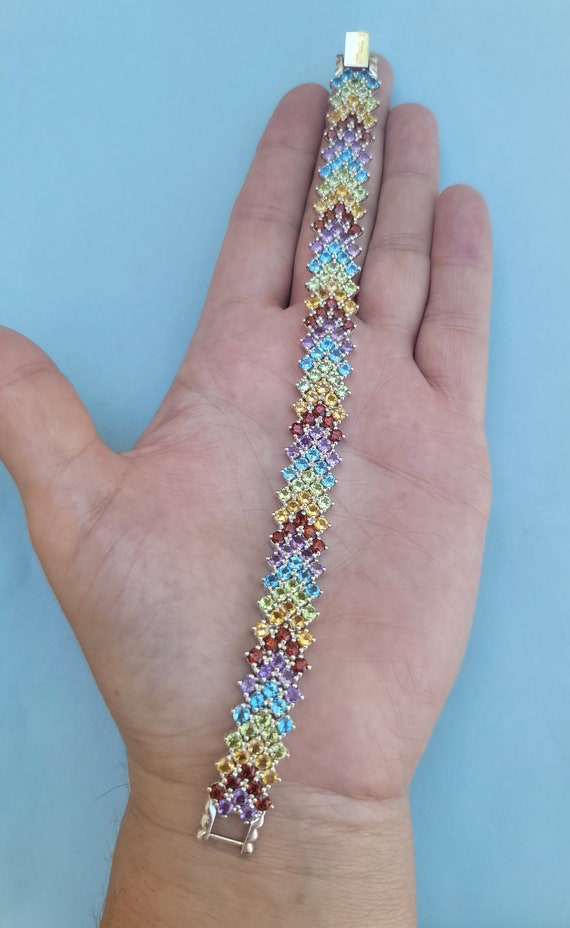 Multi Gemstone Chevron Pattern 925 Sterling Silve… - image 6