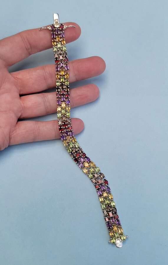 Multi Gemstone Triple Row Rainbow 925 Sterling Si… - image 6
