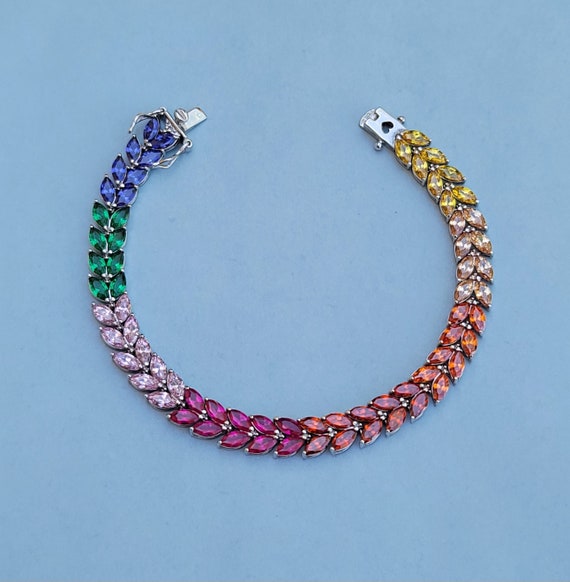 Rainbow Marquise CZ 925 Sterling Silver Bracelet 7