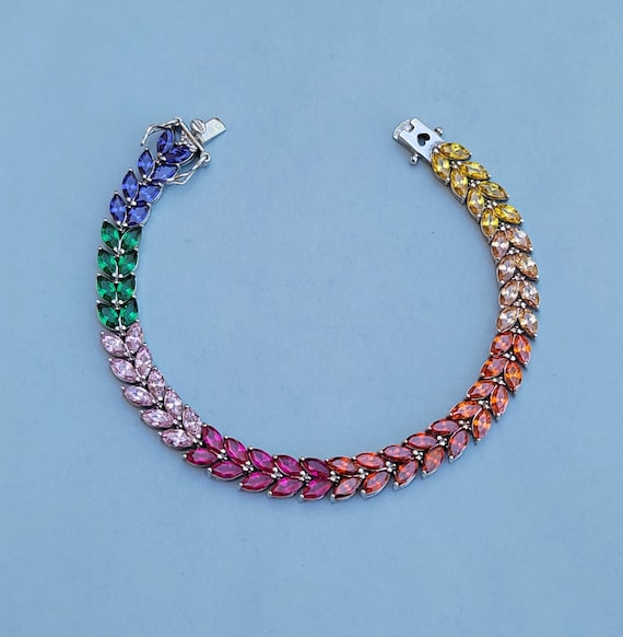 Sterling Silver Rainbow Multi-Gemstone Marquise Leaf Pendant Sterling Silver Rainbow Multi-Gemstone Marquise Leaf Pendant