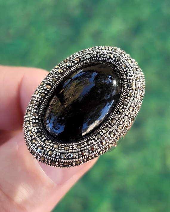 Bold Black Onyx Marcasite Sterling Silver Ring Siz