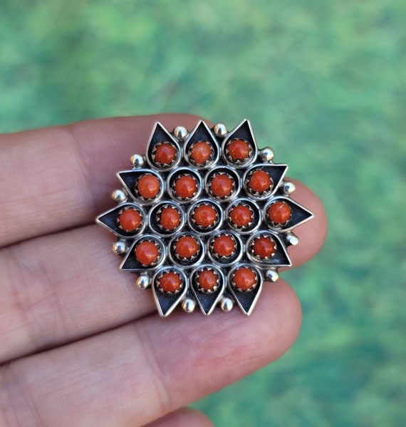 Native American Red Coral Snake Eyes 925 Sterling Silver Pin 