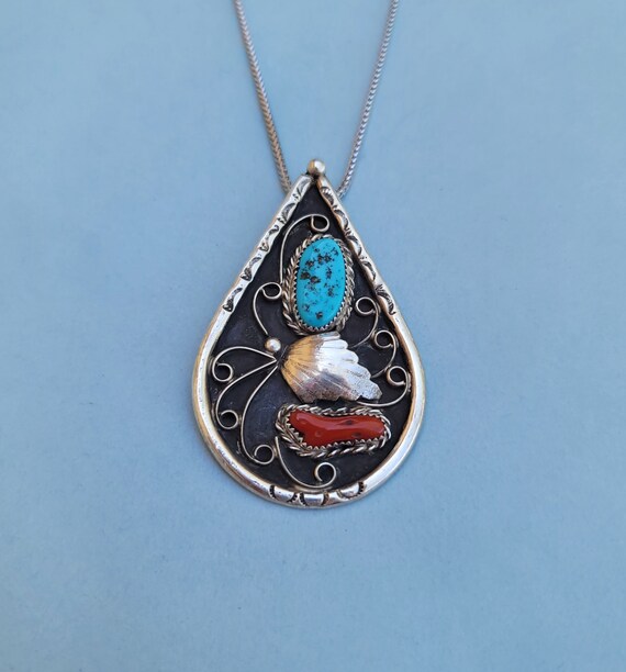 Large Native American Turquoise, Red Coral 925 Sterling Silver 
