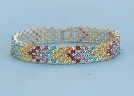 Multi Gemstone Chevron Pattern 925 Sterling Silve… - image 1