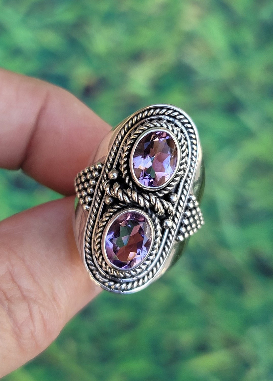 Merav Rings Bali Detailed Double Amethyst 925 Sterling Silver Ring Size 9. Artisan ...