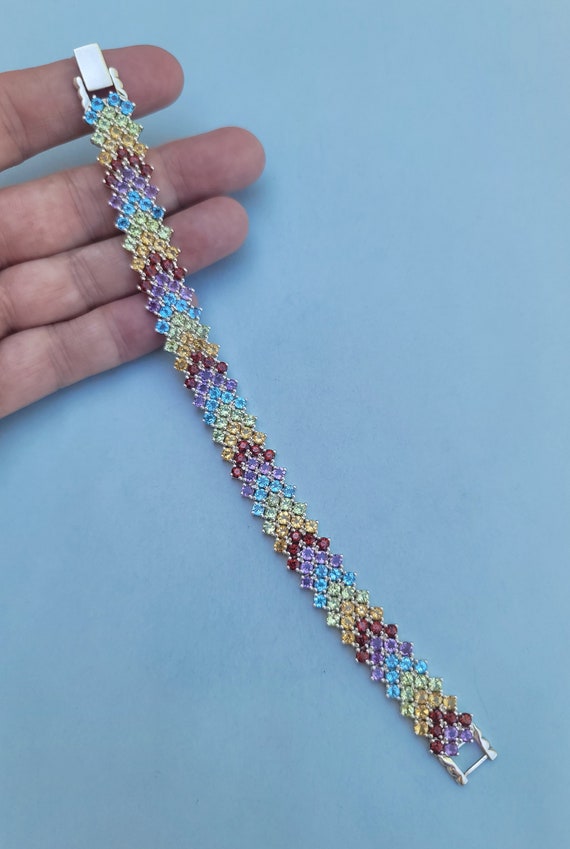 Multi Gemstone Chevron Pattern 925 Sterling Silve… - image 3